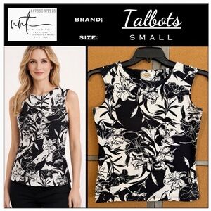 Talbots Black White Floral Sleeveless Top Cotton Stretch Blouse Classic Small